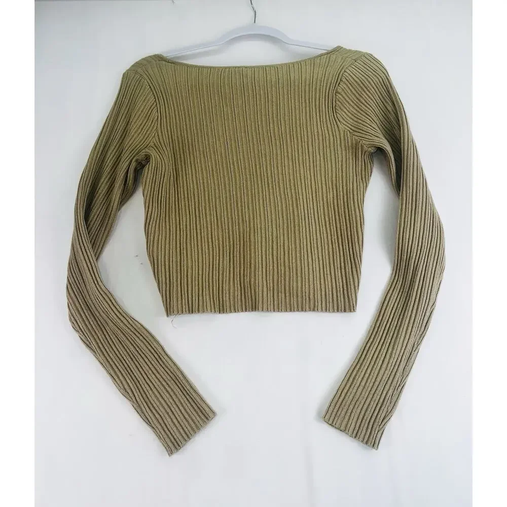 H&M Divided Rib Knit Crop Top Olive Green Long Sleeve Women’s Medium NWT